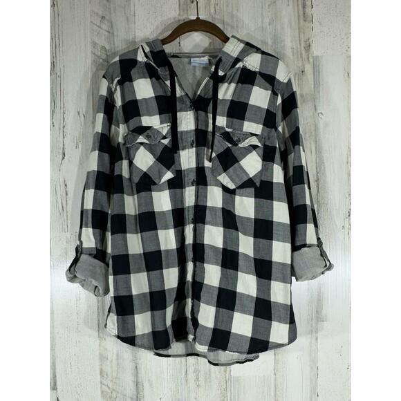 Columbia Womens Button Up Hoodie Size Large Black Buffalo Check Roll Tab Sleeves - Picture 1 of 8